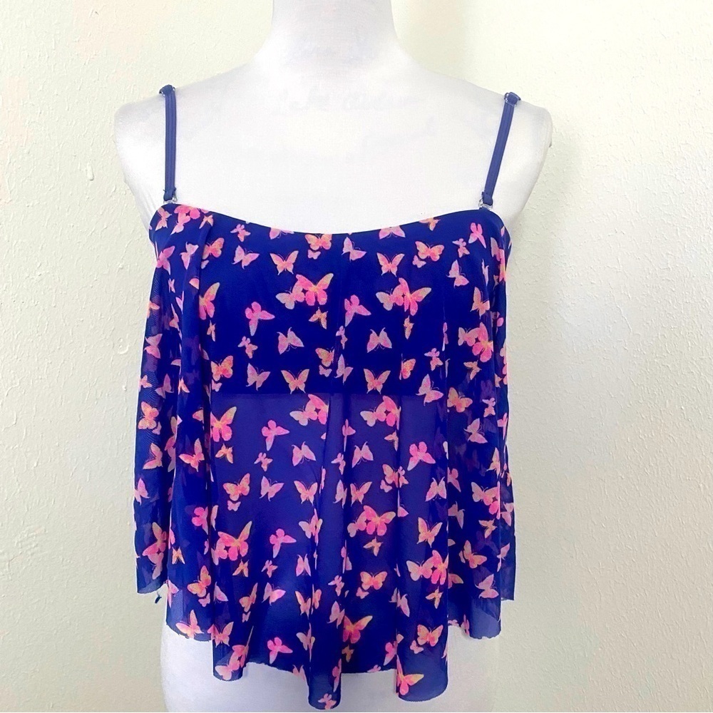 U.S. POLO ASSN Butterfly Print Camisole Sheer Strap Blue Pink Built-in Bra Large